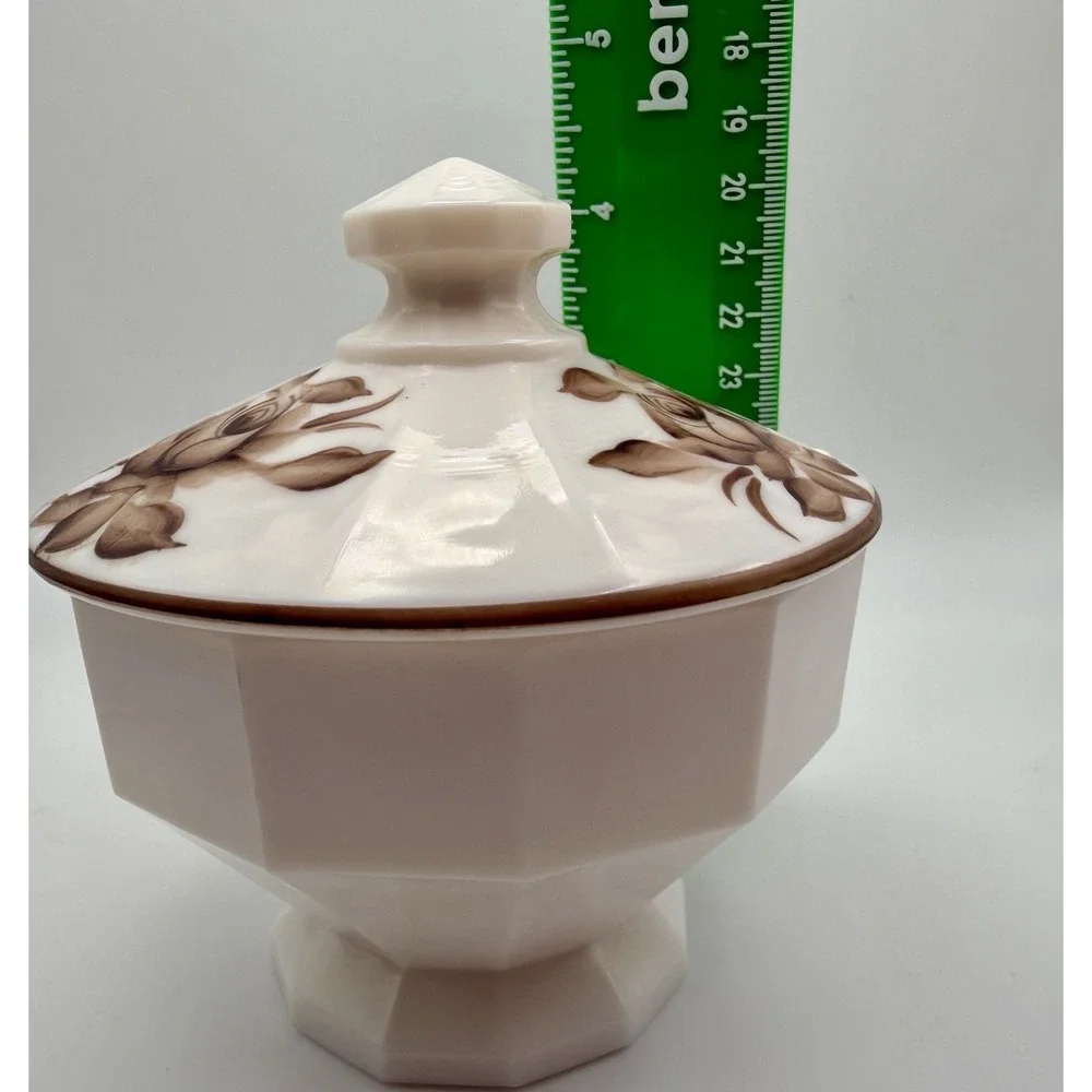 VTG 1980 Westmoreland Almond Milk Glass Covered Candy Dish Hand Painted & Signed